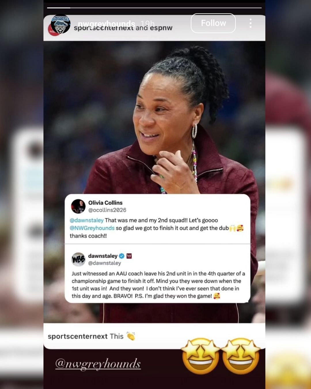 Greyhounds react to South Carolina head coach Dawn Staley's tweet. (Image via Instagram @NWgteayhounds)